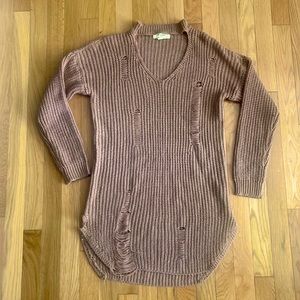 No comment long distressed cable tan sweater 31” long size M
